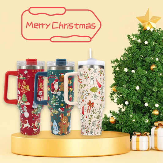 New Christmas Pattern Mug With Handle Lid Straw Drinkware Stainless Steel Vacuum Tumbler Large Capacity Car Travel Cup for Water, Iced Tea or Coffee, Smoothie and More